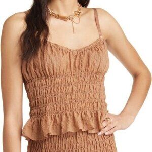 NWT Open Edit Nordstrom Shirred Sheer Camisole Ruffle Smocked Top Tan Sz L